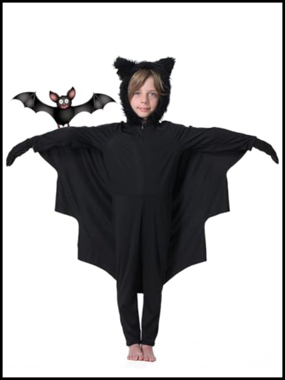 Kids Bat Costume Halloween Jumpsuit Fuzzy Hood Ears Attached Wings